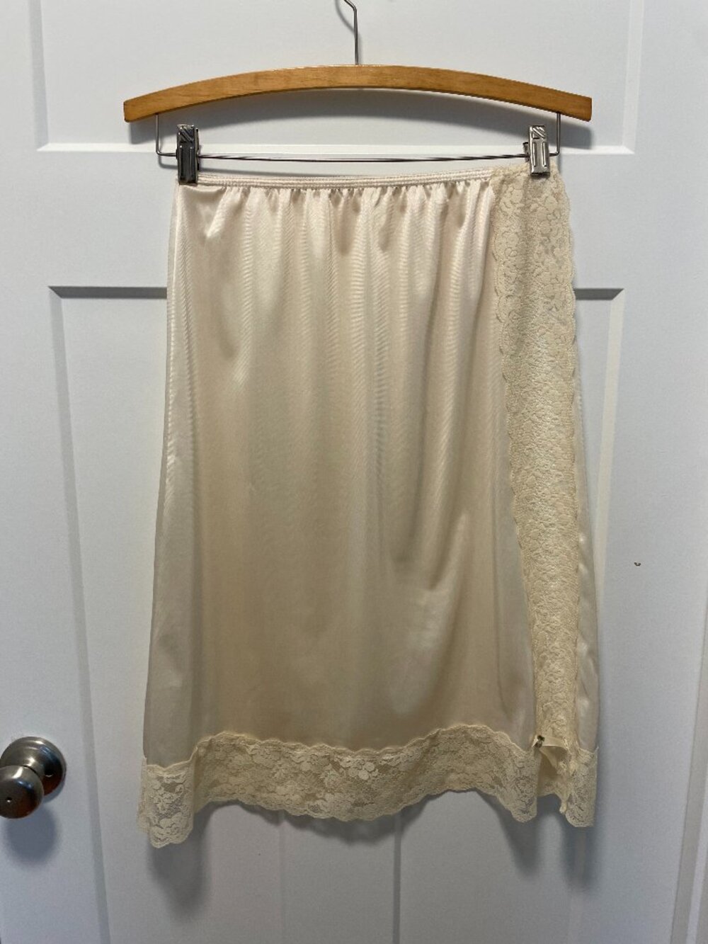 Vintage Ivory Nylon Half Slip Skirt Lace Slit Hem Lingerie Coquette